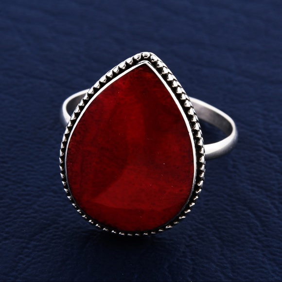 Sponge Coral Teardrop Shaped Solitaire Ring Size 7 - Picture 2 of 7